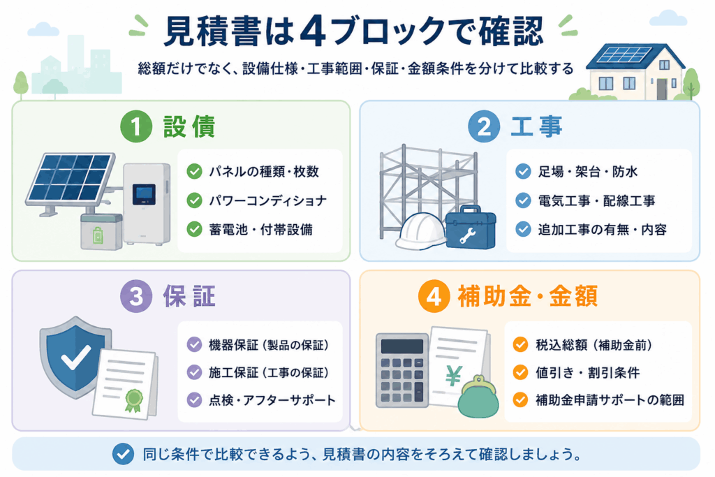 太陽光発電の見積書で比較したい設備・工事・保証・補助金の項目