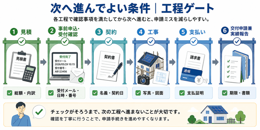 東京都太陽光補助金の見積もり、事前申込受付、契約、工事、支払い、実績報告で次へ進む条件を示す図解