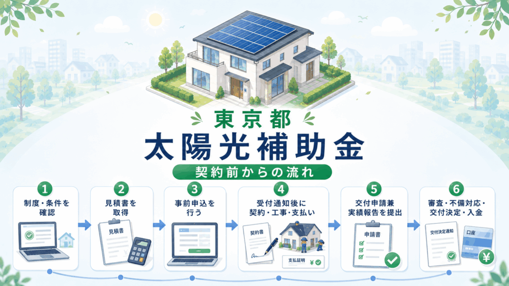 東京都の太陽光補助金について見積もりから事前申込、契約、工事、入金までの流れを示すアイキャッチ