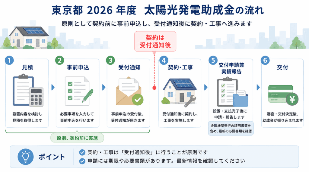 東京都2026年度太陽光発電補助金の事前申込から交付までの流れ