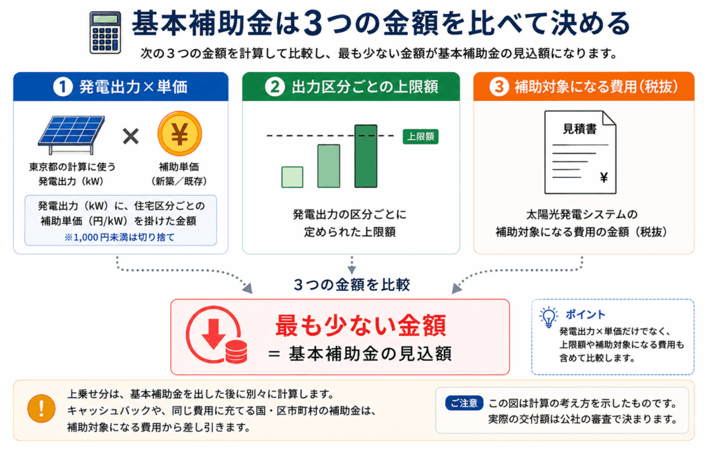 発電出力×単価・区分上限・補助対象になる費用を比較する図