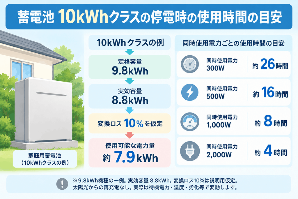 実効容量と同時使用電力から停電時の使用時間を考える図