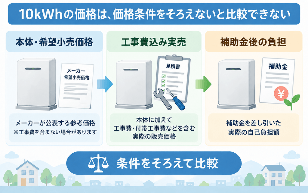 蓄電池の本体価格と工事費込み価格と補助金後負担の違い