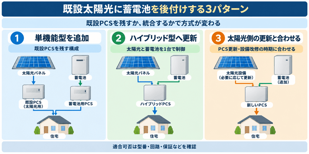 既設太陽光に蓄電池を後付けする3パターン