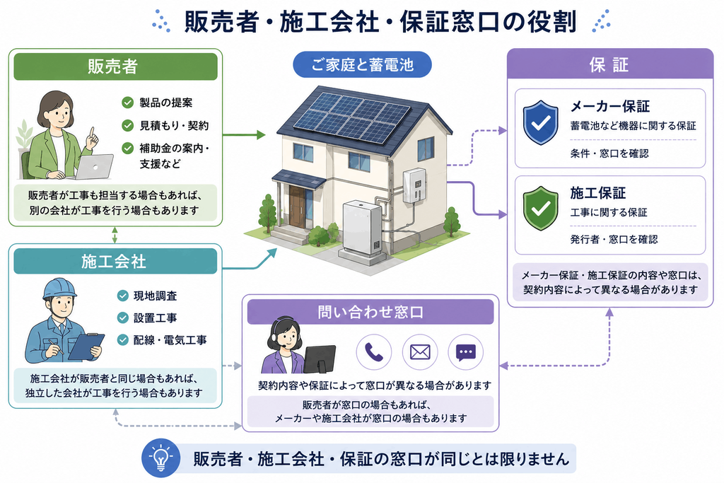 蓄電池の販売会社・施工会社・保証窓口の関係