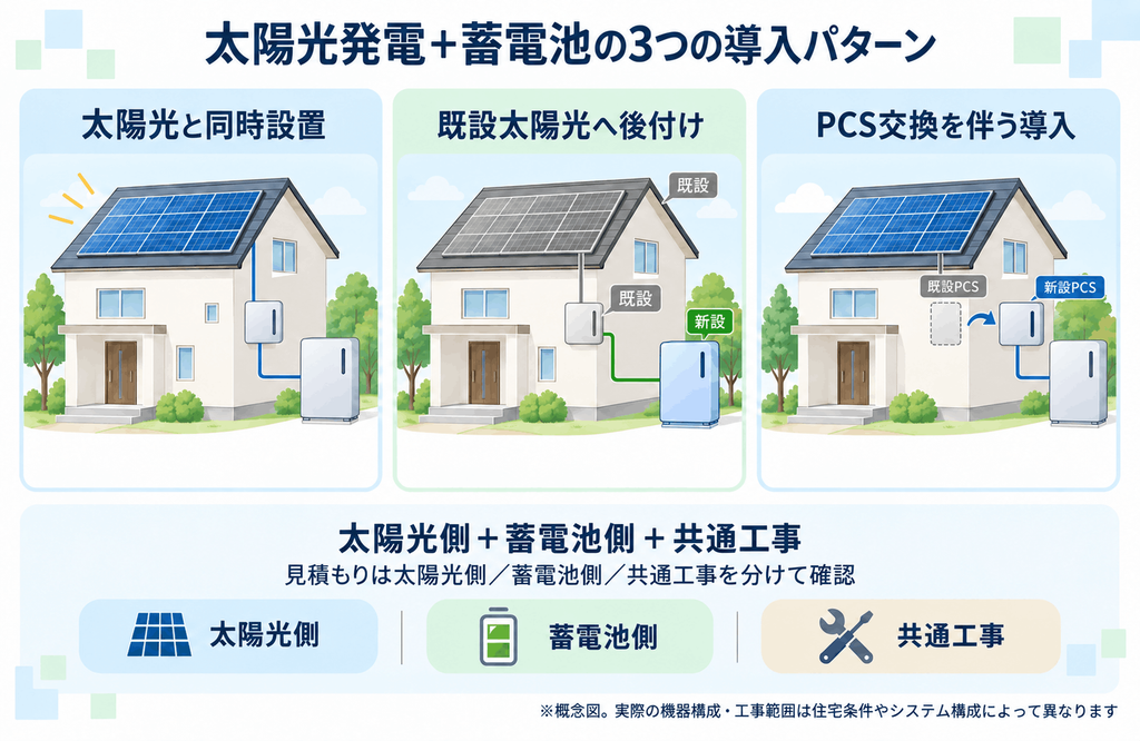 京セラの太陽光発電と蓄電池を同時設置・後付け・PCS交換で比較する図解