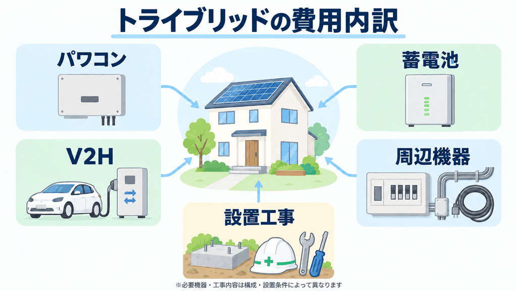 トライブリッドのパワコン・蓄電池・V2H・周辺機器・工事費の構成