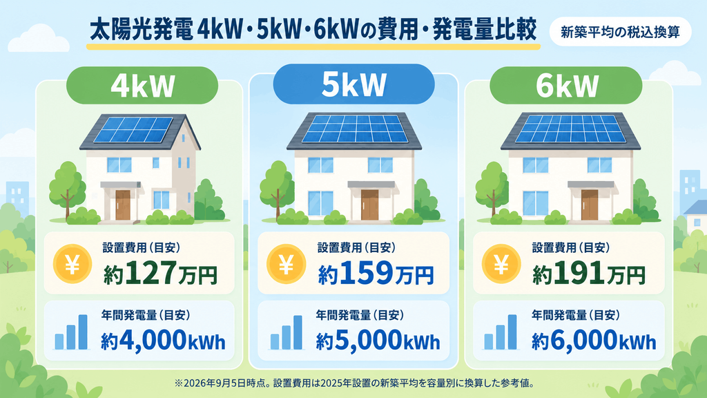 太陽光発電4kW・5kW・6kWの費用と発電量比較