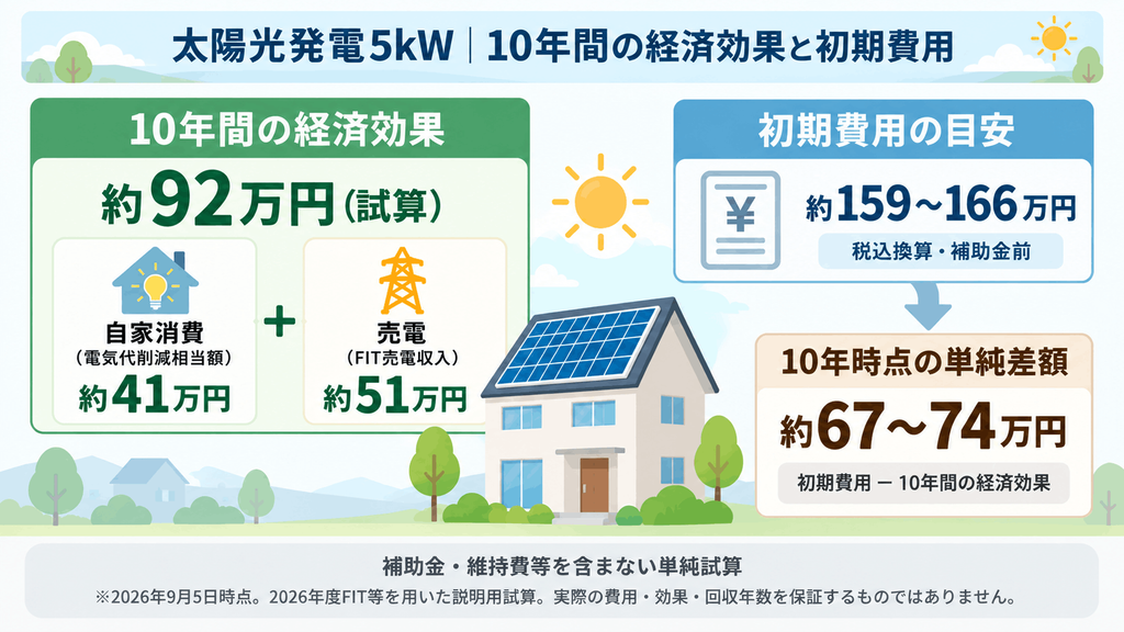 太陽光発電5kWの10年間の経済効果と初期費用の比較試算