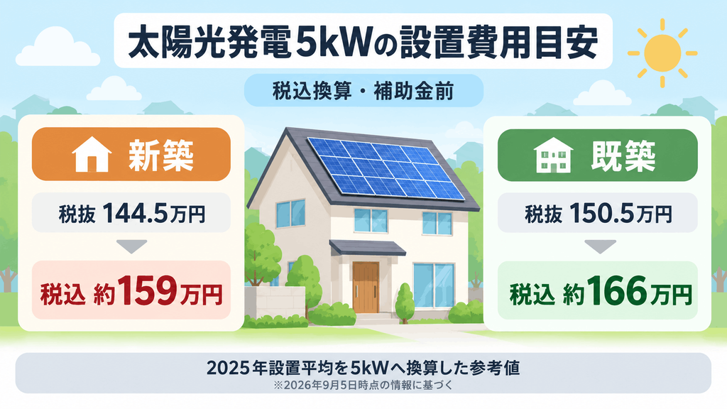 太陽光発電5kWの新築・既築別の設置費用目安