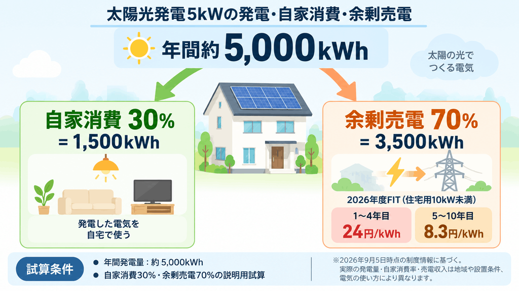 太陽光発電5kWの年間発電量と自家消費・余剰売電の流れ