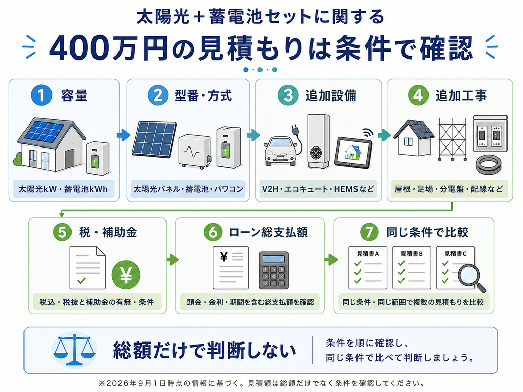 太陽光発電と蓄電池で400万円の見積もりを確認する流れ