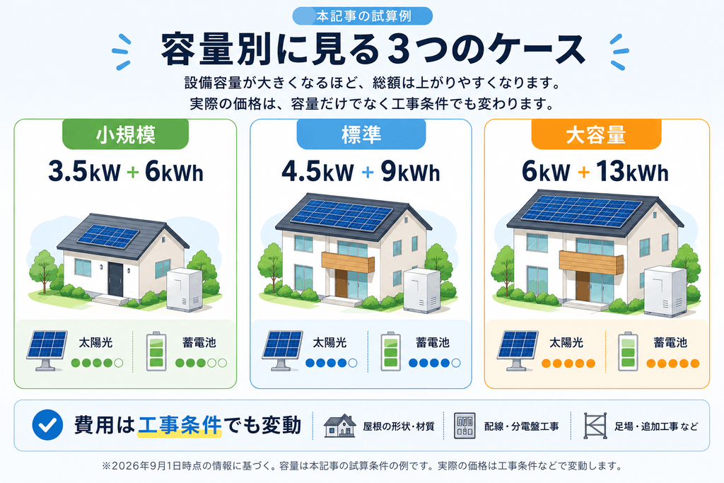 太陽光発電と蓄電池の小規模・標準・大容量の3ケースを比較する図