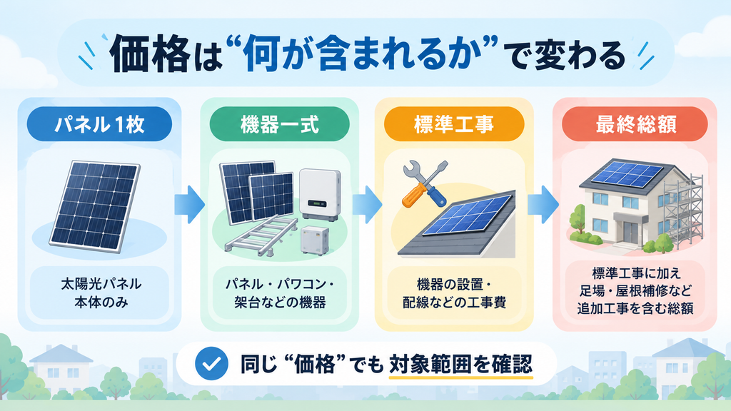 太陽光パネル1枚の価格と工事費込み総額の違いを示す図解