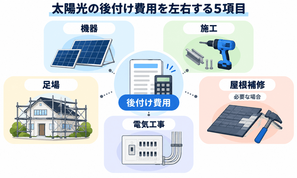 太陽光発電の後付け費用を左右する機器・施工・足場・屋根補修