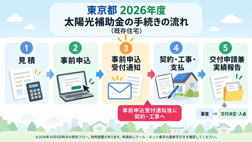 東京都2026年度の太陽光補助金で事前申込から契約・工事・実績報告までの流れ